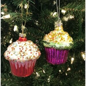 2 Cup Cake‎ Christmas Ornaments-Glass Red Purple Sprinkle Beads Bakery Food